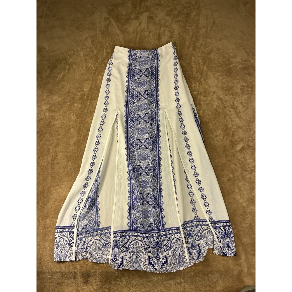 Show Me Your Mumu Womens Mick Double Slit Skirt Blue White Paisley Maxi Large